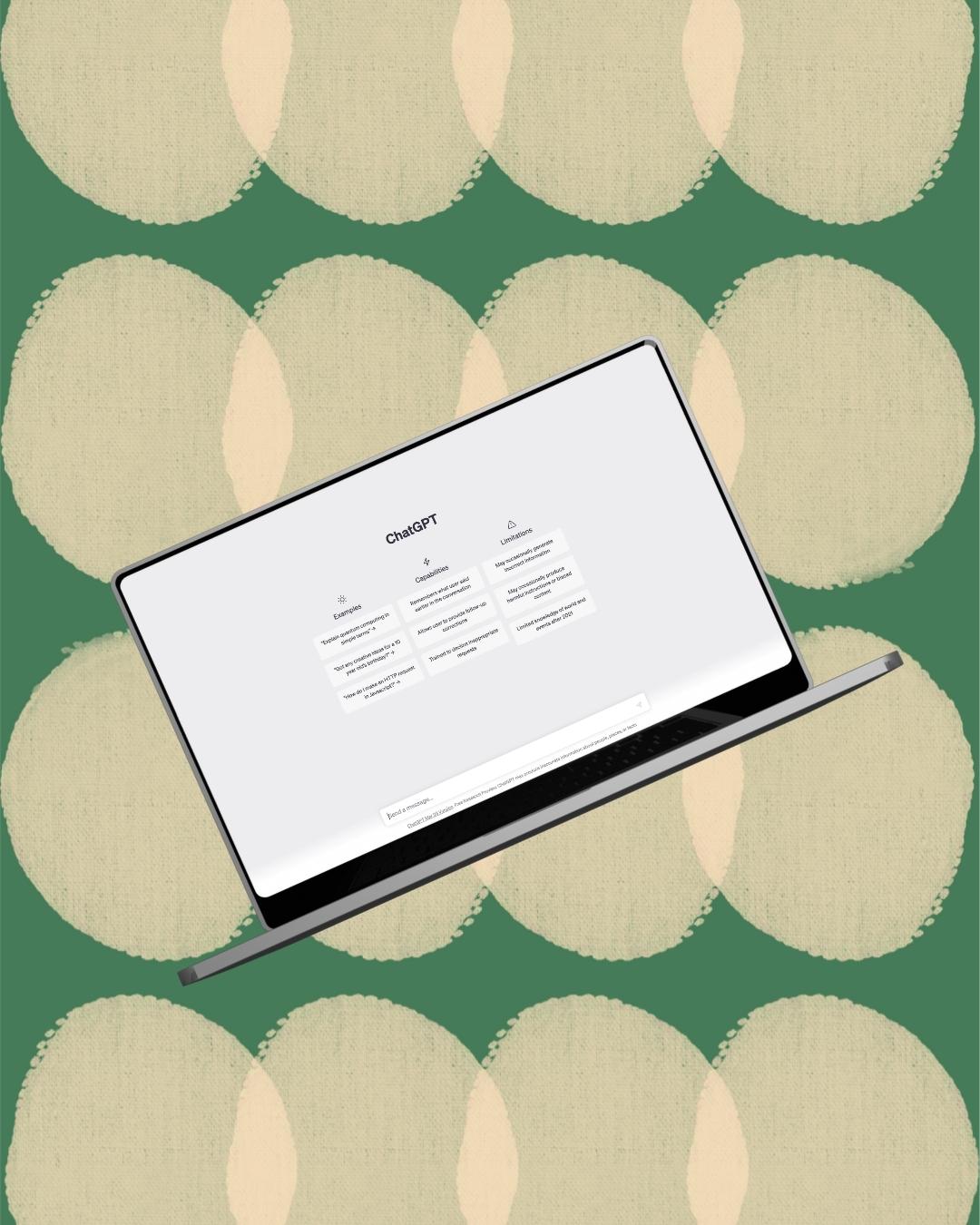 A green and cream coloured background texture, with a laptop that has the ChatGPT on the screen.