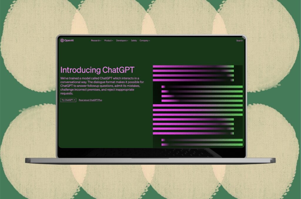 A colourful background featuring a laptop mockup with ChatGPT up on the screen.